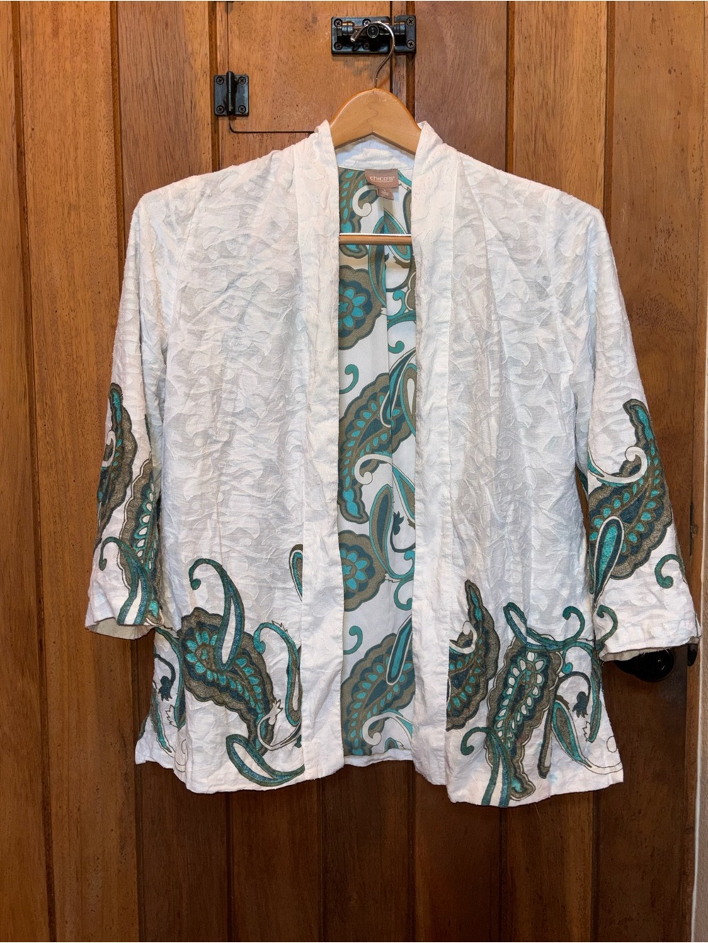 Chico’s White Textured Open Front Jacket with Teal Paisley Embroidery